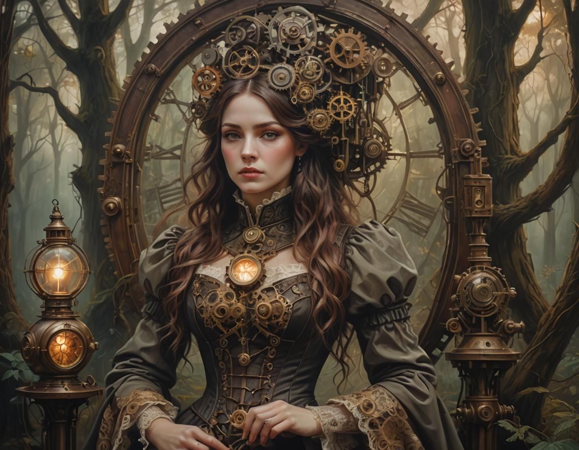 Victorian Steampunk Woman in Dreamlike Forest Portrait