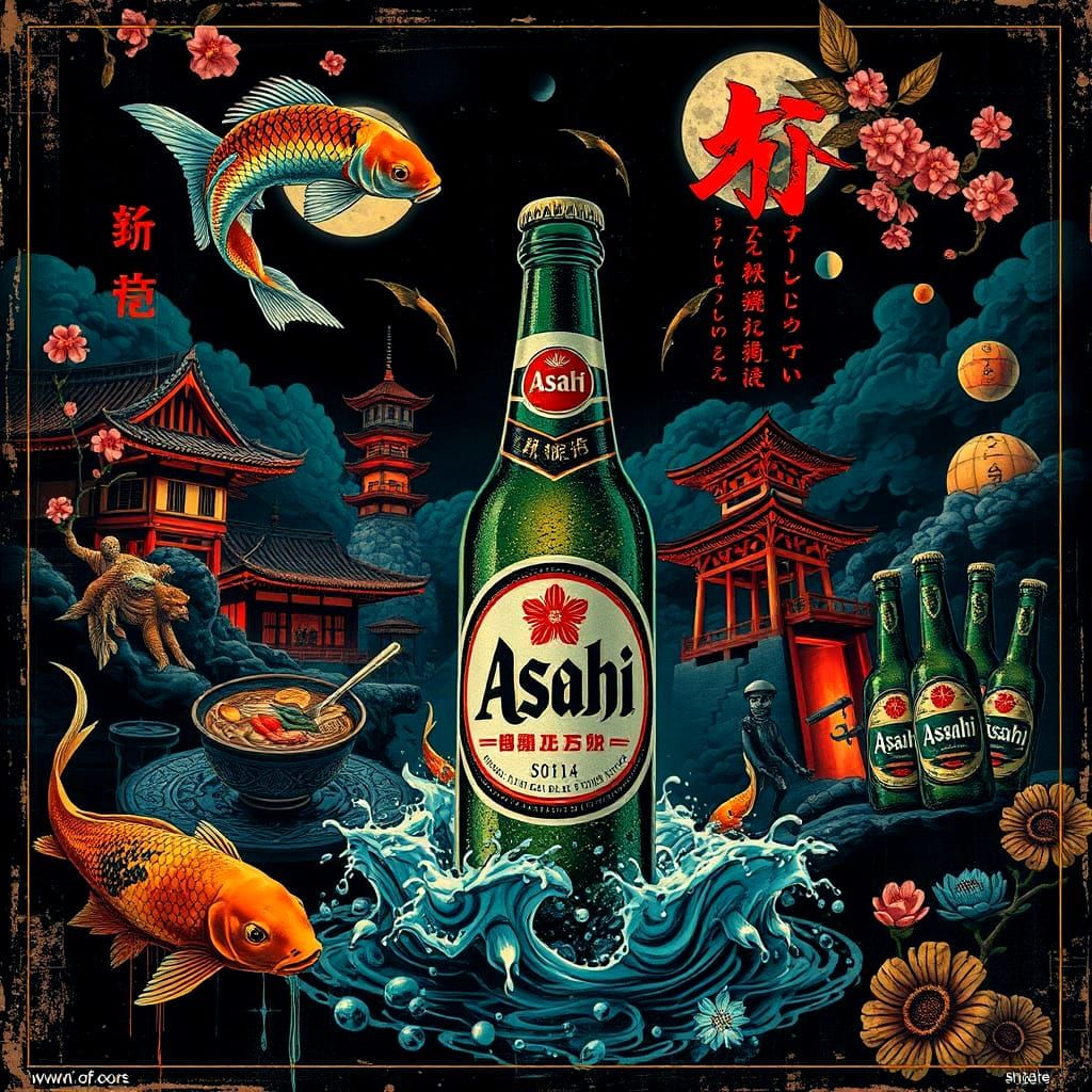 Asahi Beer in Dark Japanese Noir, Vintage Poster Style