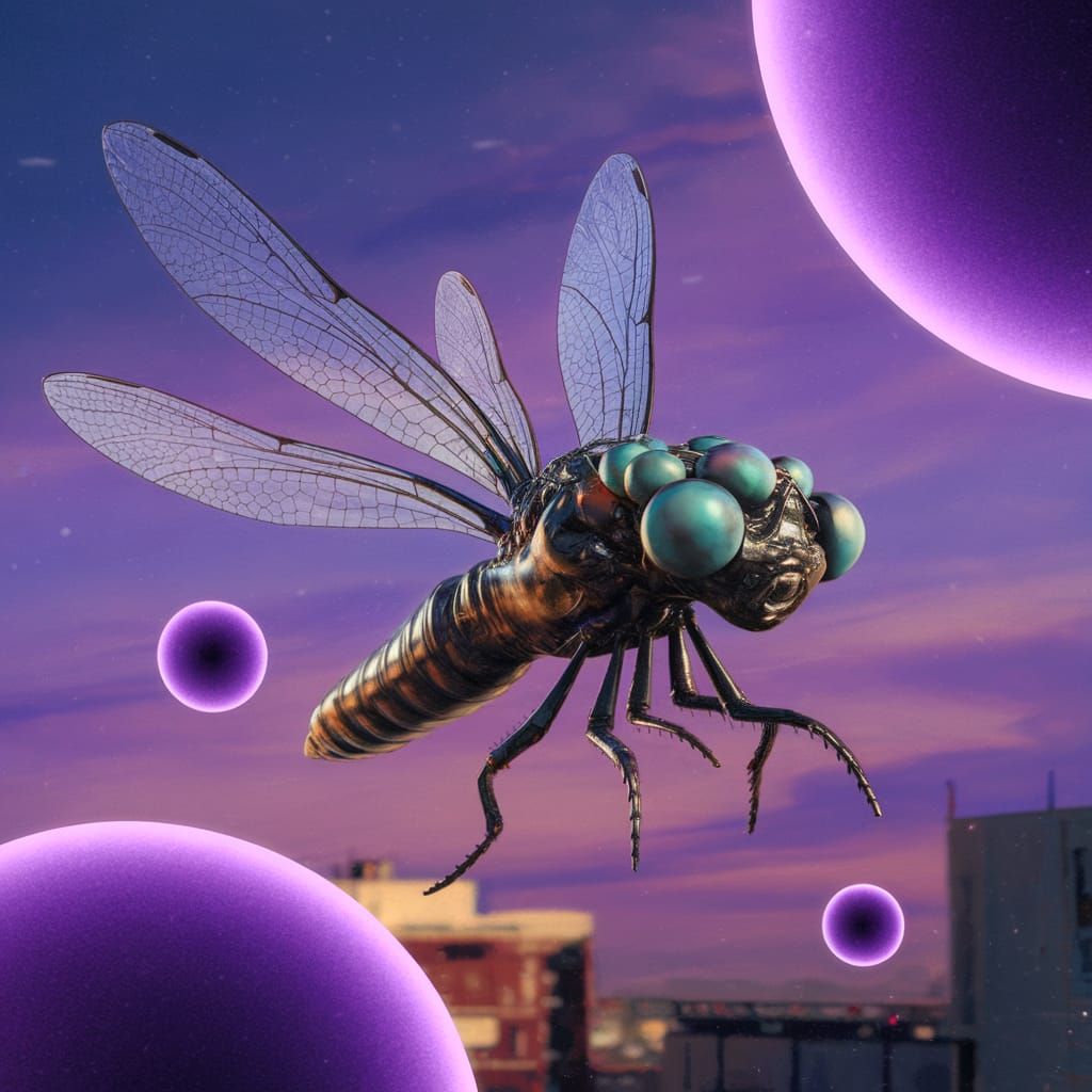 Alien Dragonfly Soaring Under Purple Orb Sky
