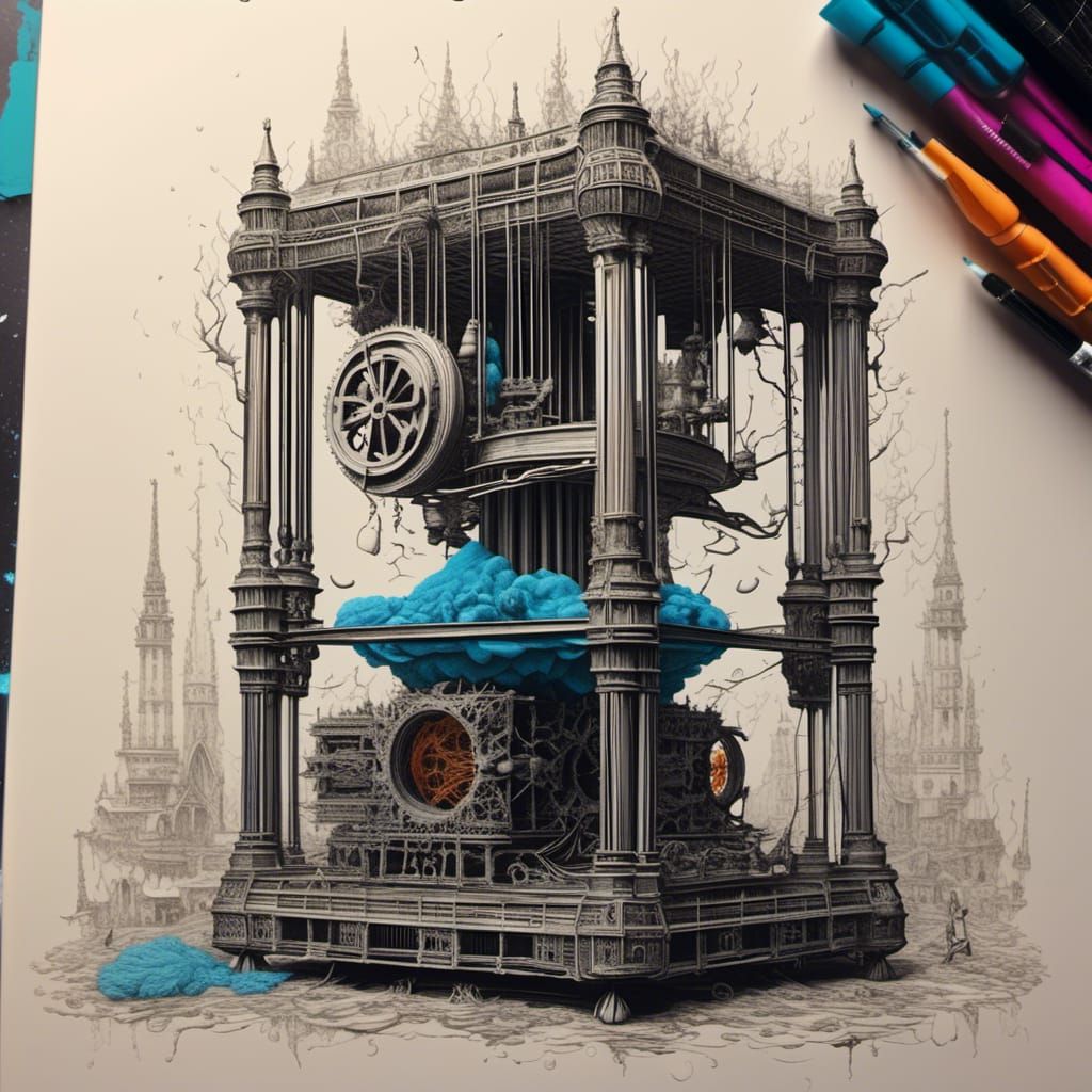 Hyperrealistic 3D Printer with Filaments in Brutalist Style