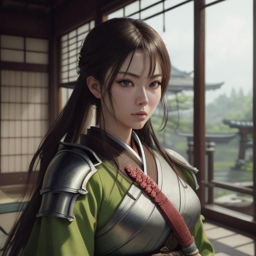 Anime Samurai Girl in Lime Green Dojo with Spear