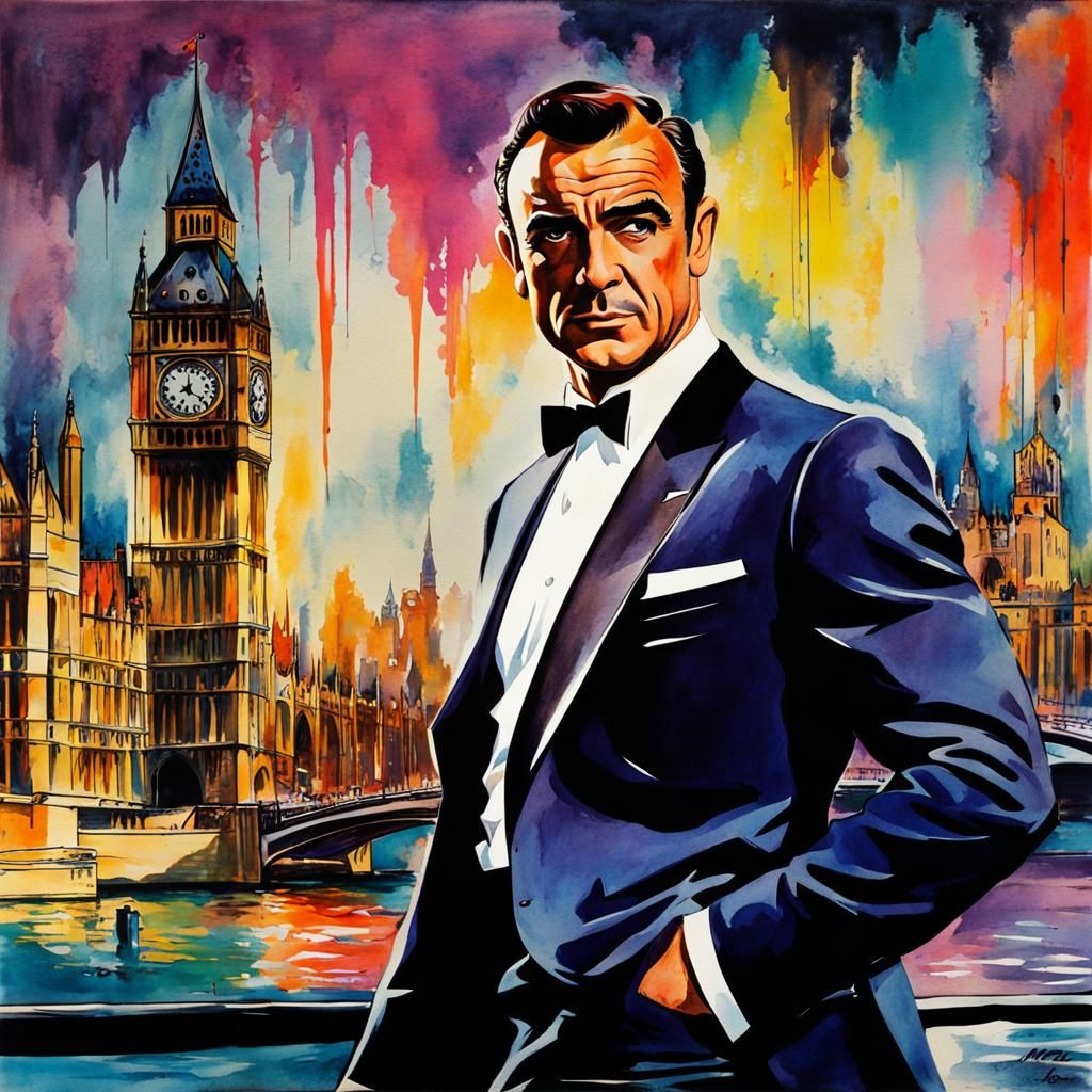 James Bond in London, Psychedelic Watercolor Style