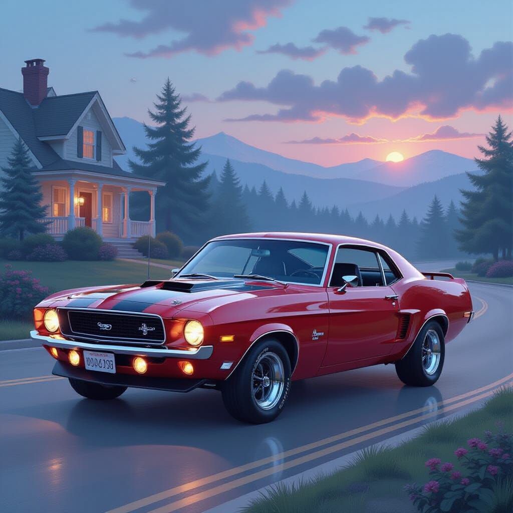 Ethereal Muscle Car in Misty Fantasy Landscape