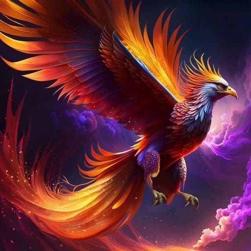Fiery Phoenix Rising from Ashes in Watercolor Style