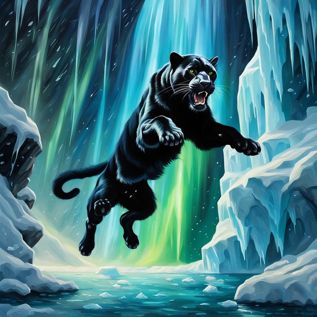 Black Panther Leaps in Greenland: Oil Painting