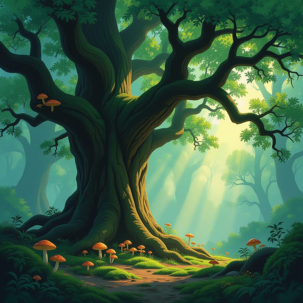 Ancient Oak in Misty Forest Clearing, Studio Ghibli Style