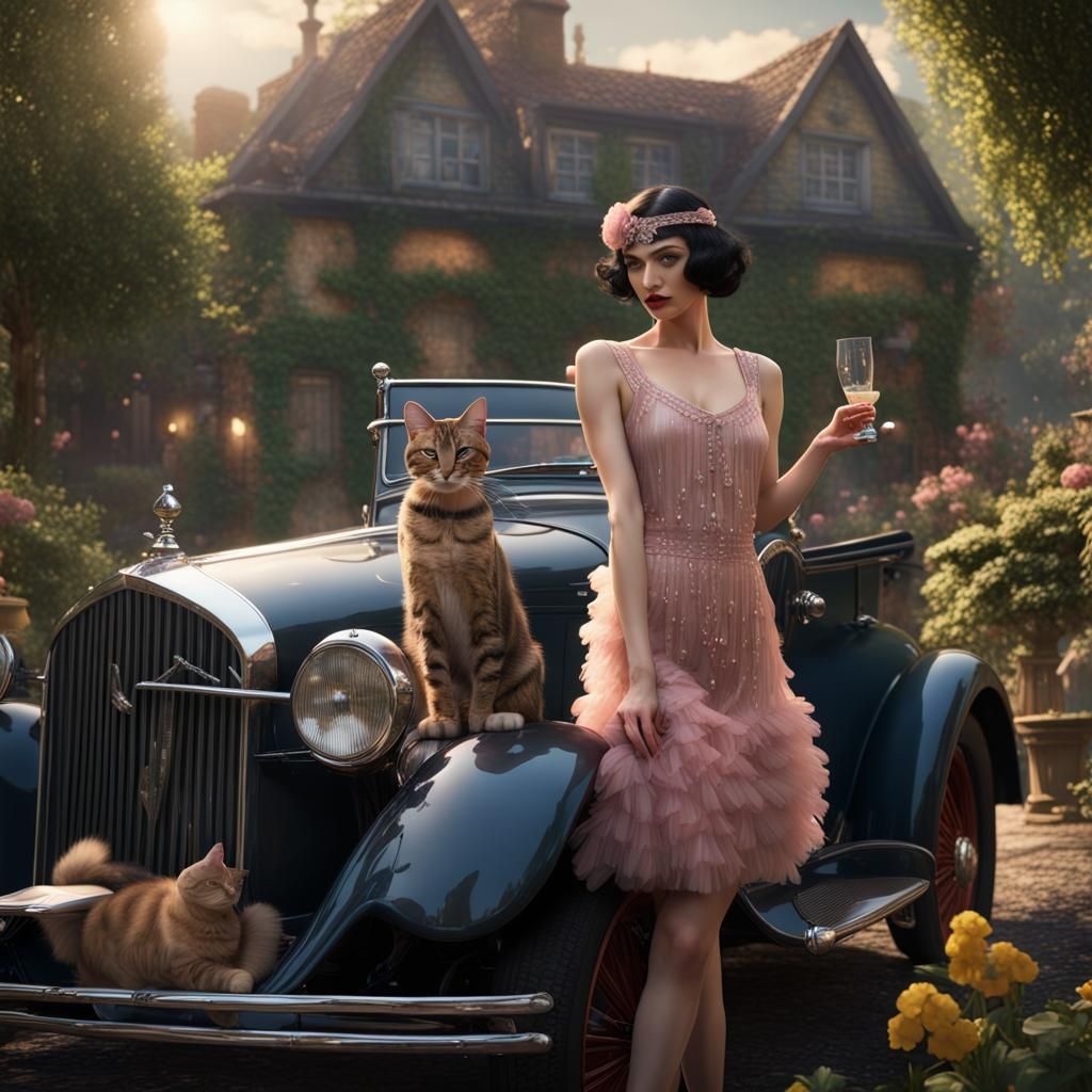 Flapper Ballerina with Cat and Vintage Car