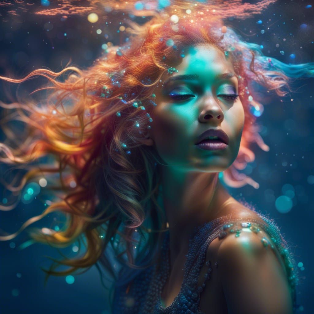Iridescent Mermaids Swimming Underwater in Digital Art