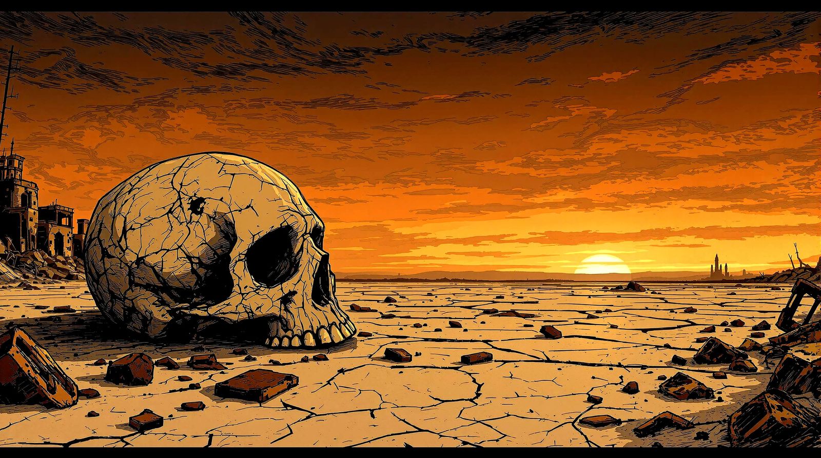 Skull on Desolate Plain Under Twilight Sky in Fine Line Draw...