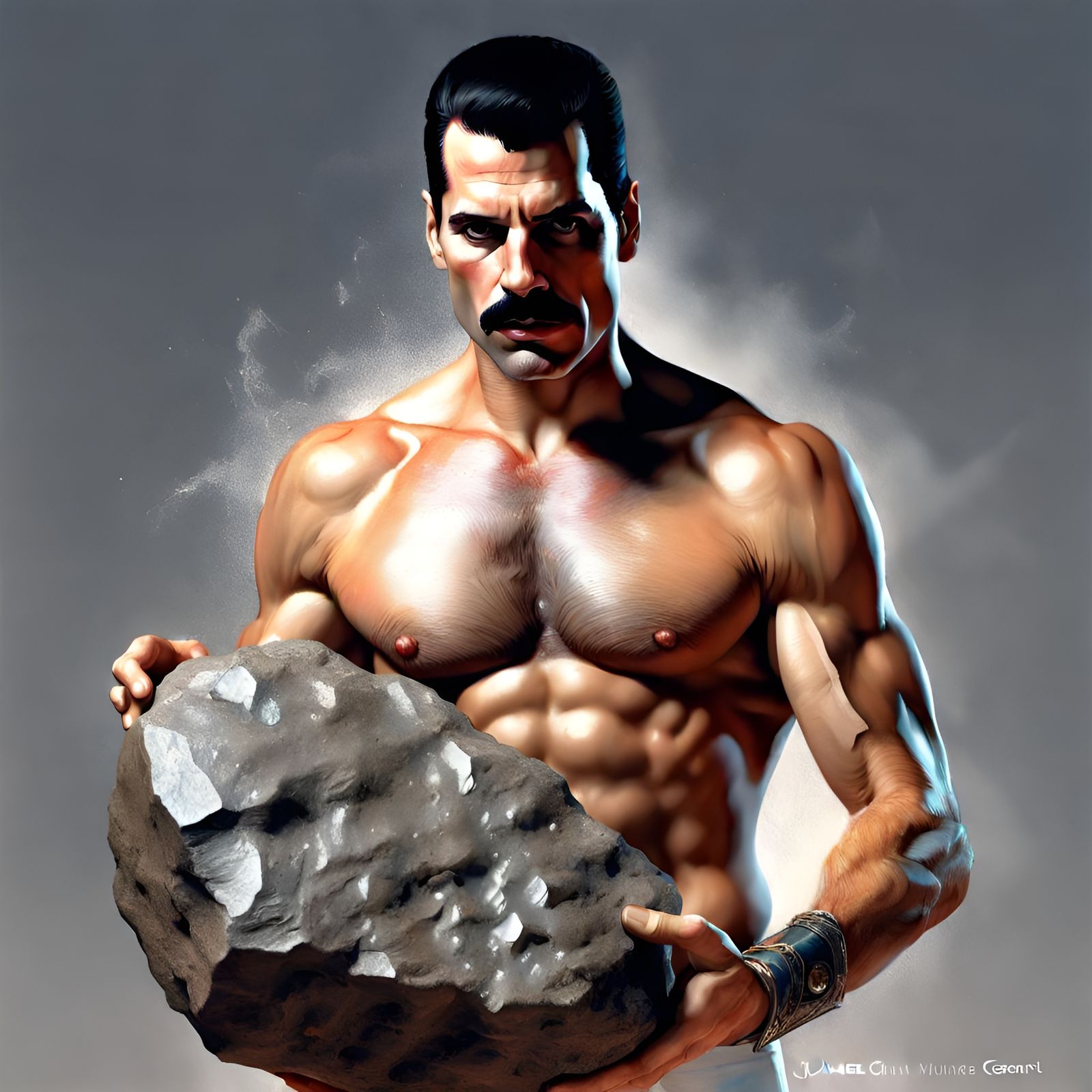 Muscular Man Holding Rock: Hyperrealistic Digital Portrait