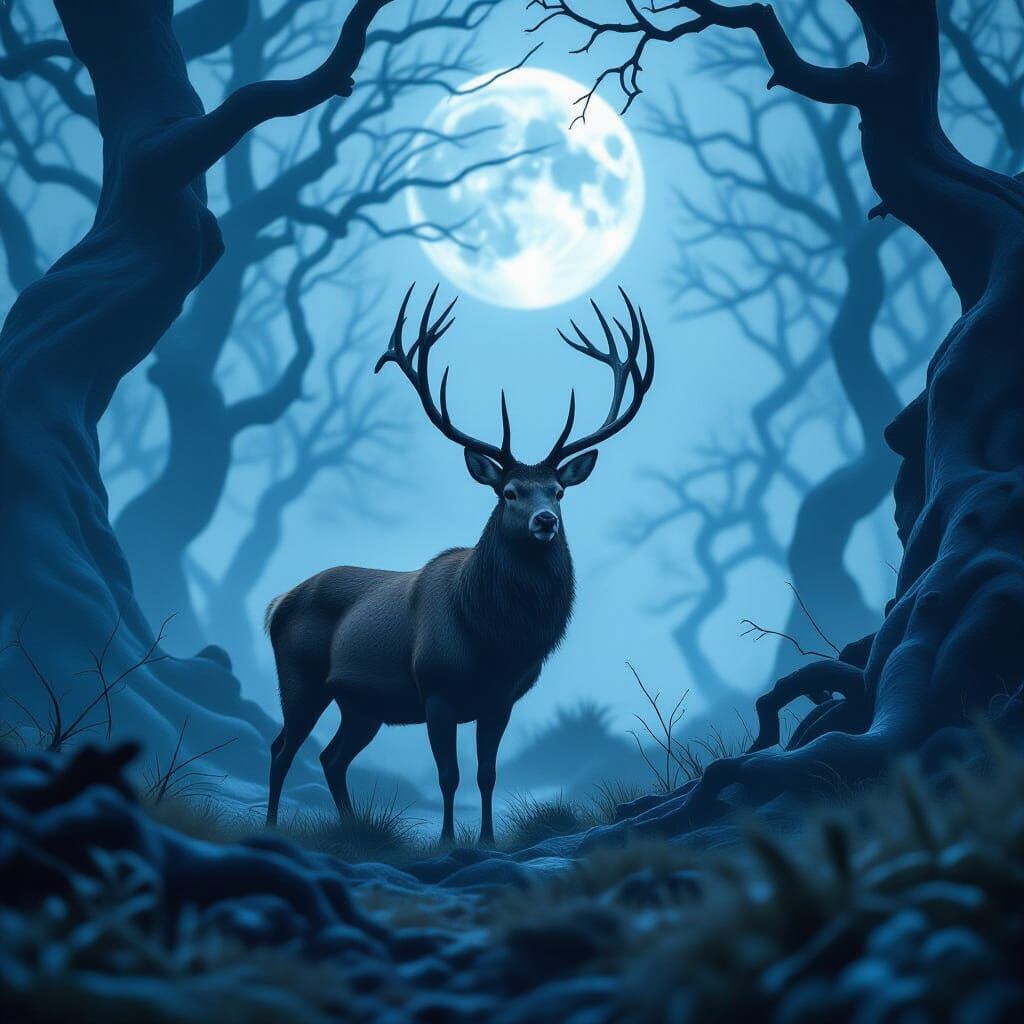 Stag in Misty Forest: Surreal Digital Art