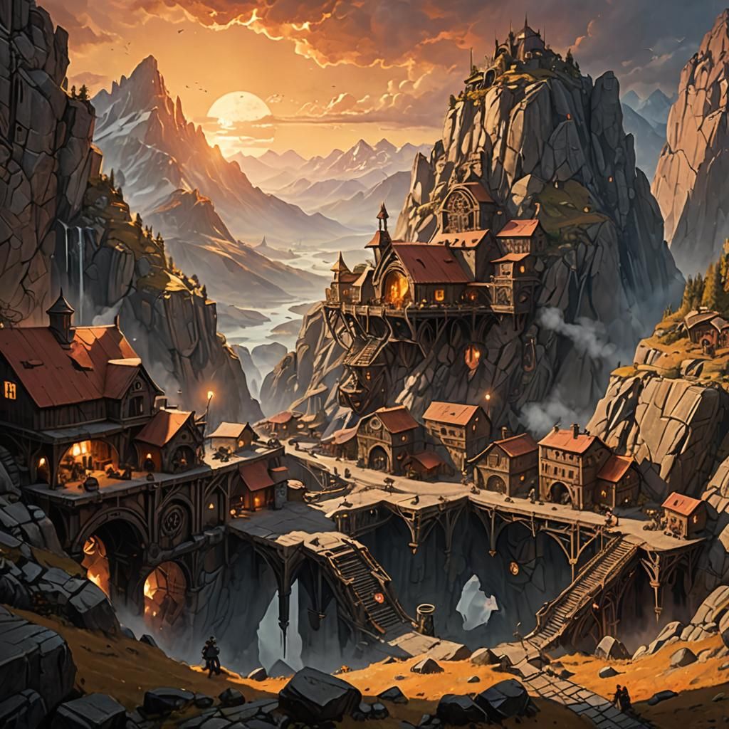 Dwarven Mountain Town with Airship Hangar