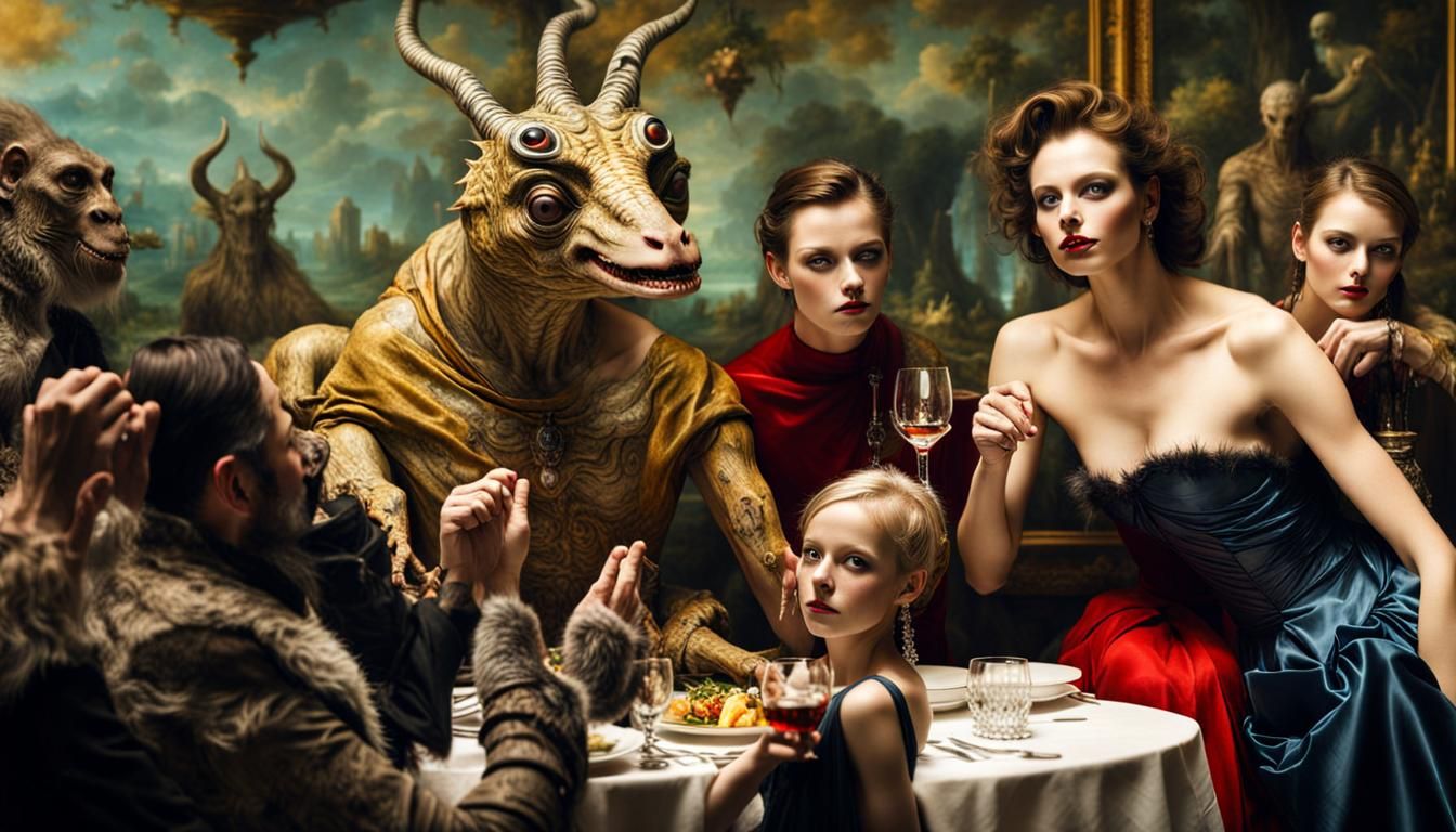 Surreal Alien Restaurant Celebration in Gritty Lighting