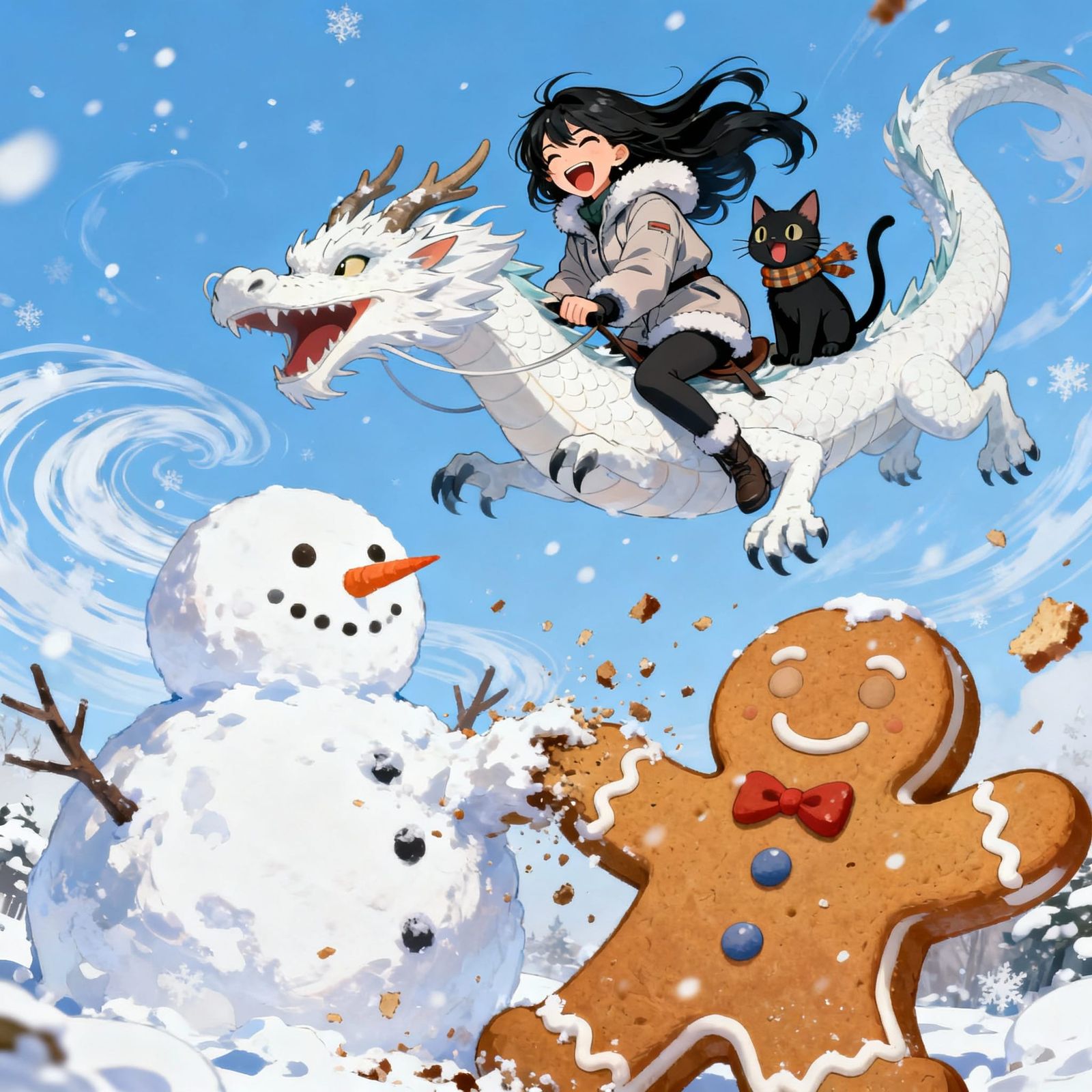 Woman Rides Dragon with Cat Over Attacked Snowman, Anime Sty...