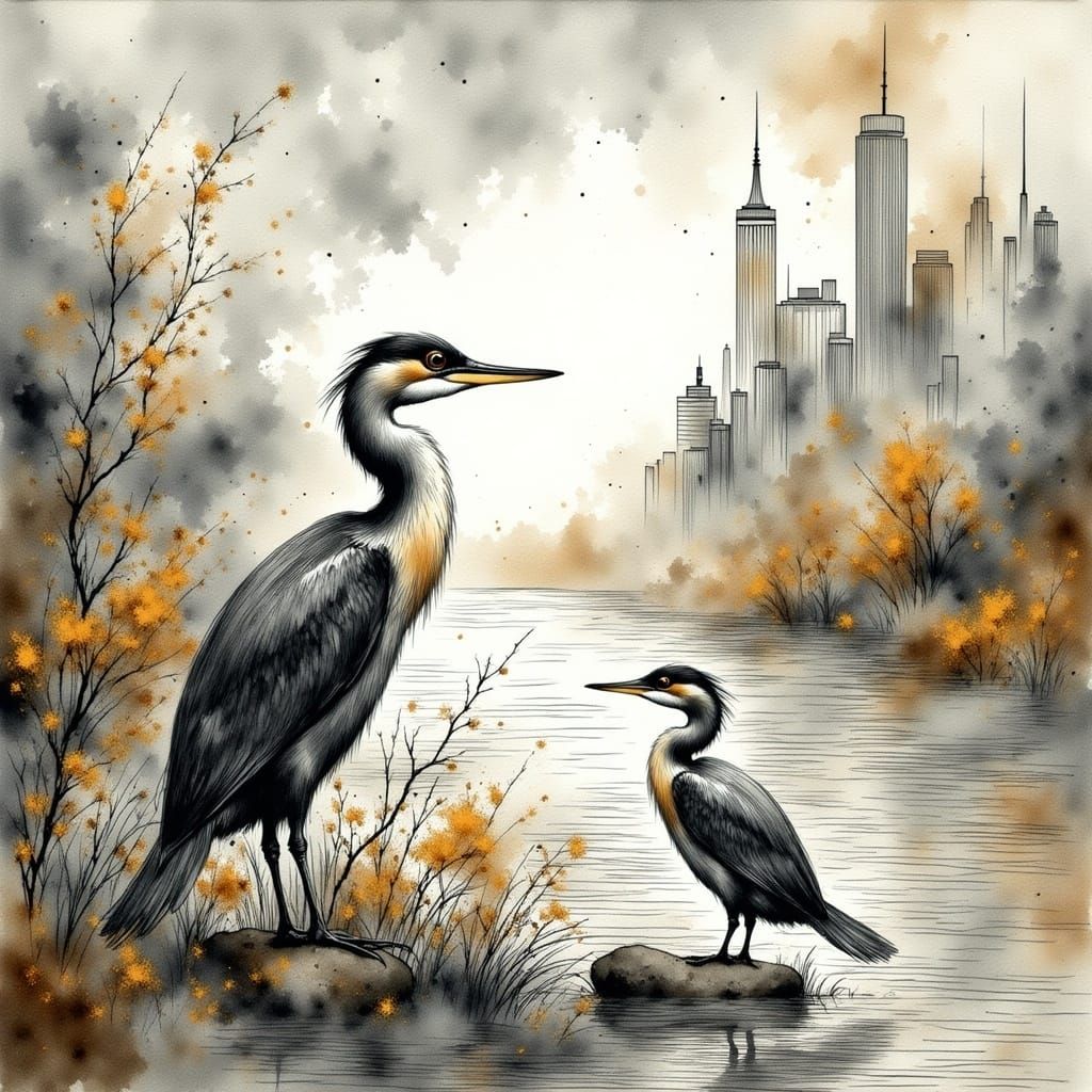 Cormorants in Ink Wash Style by Water
