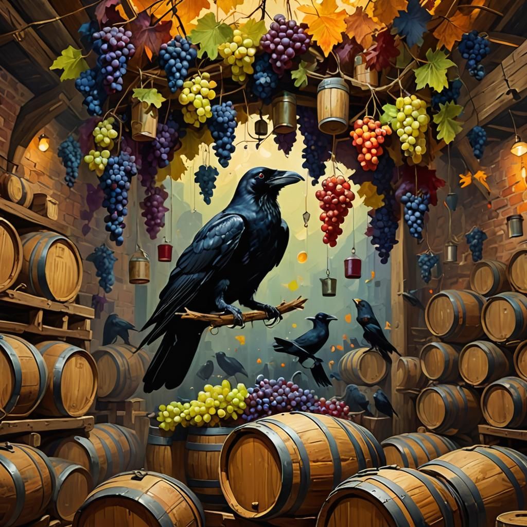 Expressionist Crow Sommelier in Wine Cellar