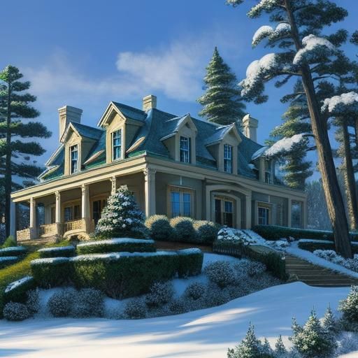 Winter Mansion on Snowy Hill in Impressionist Style