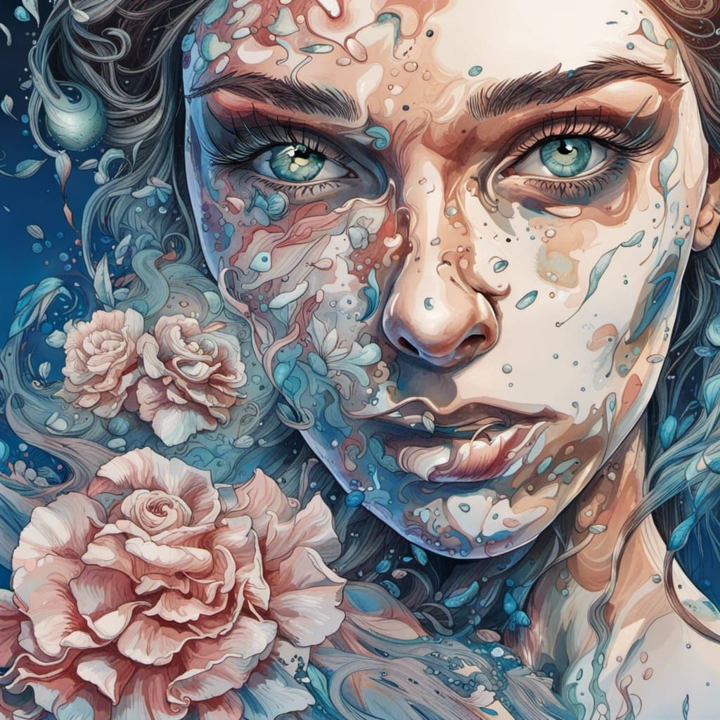 Gorgeous Woman Portrait in Blue Ink Illustration