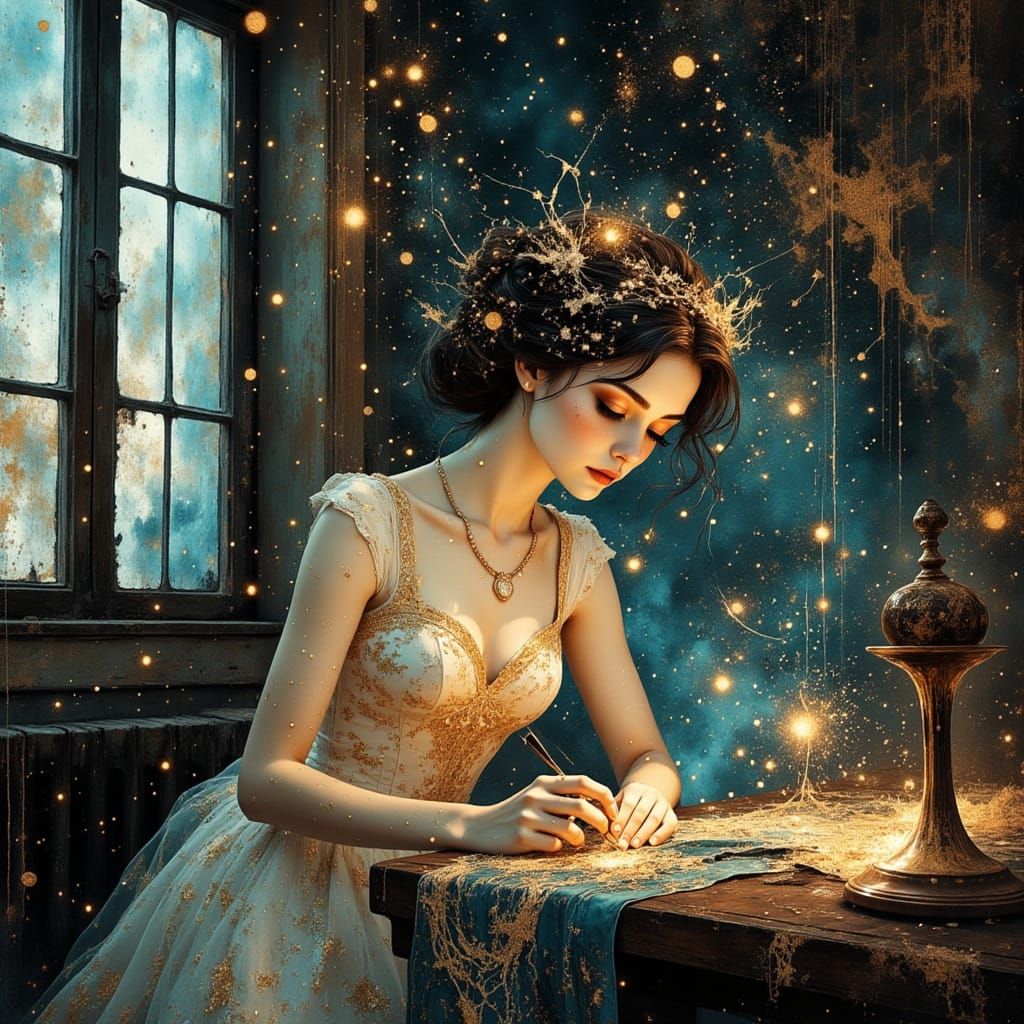 Celestial Seamstress Stitching Constellations in Art Nouveau...