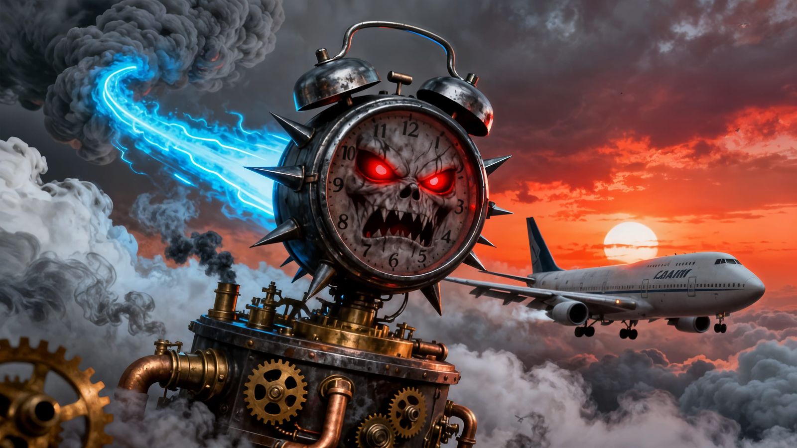 Gothic Alarm Clock Races Boeing 747 at Sundown