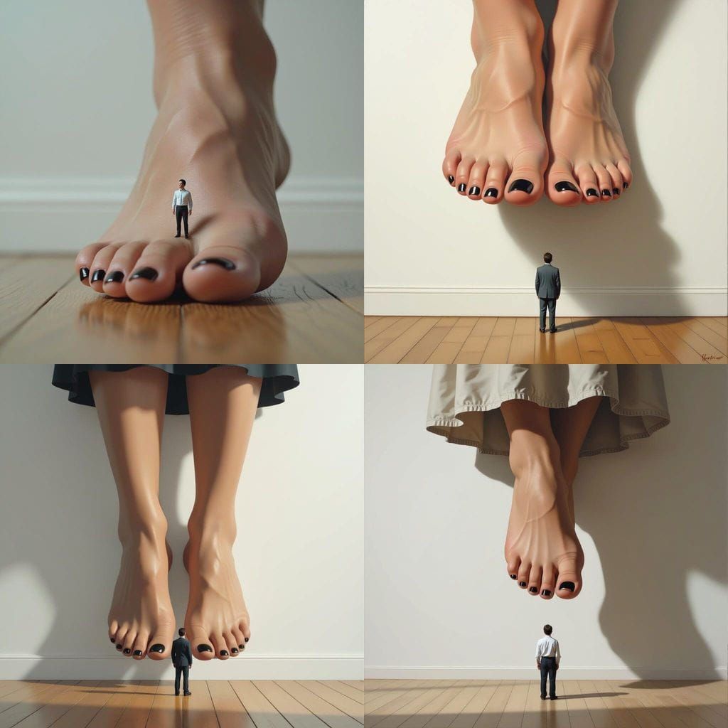 Tiny Man Under Giant Woman's Foot with Black Nails