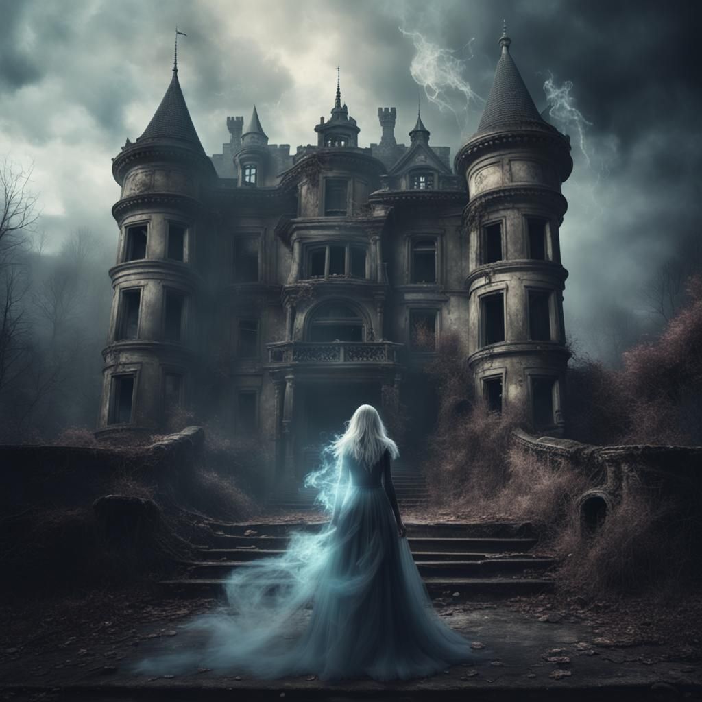 Ghost Girl Made of Smoke in Abandoned Castle