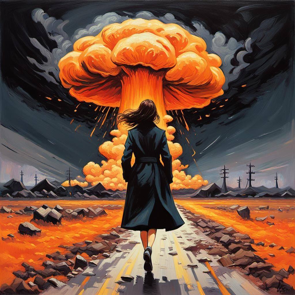Woman Walks Toward Nuclear Blast in Impasto Style