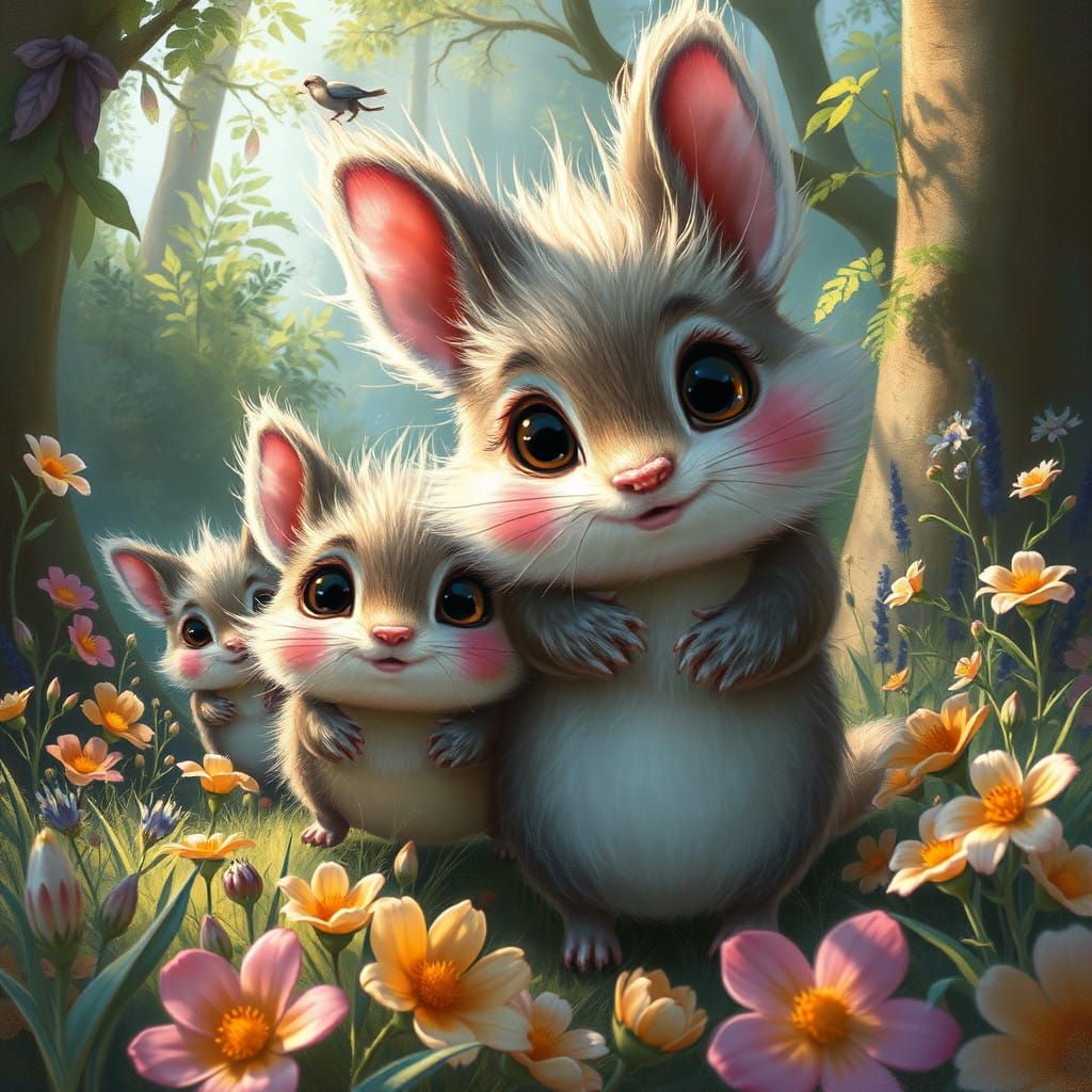 Whimsical Fantastical Furry Creatures in Dreamlike Forest