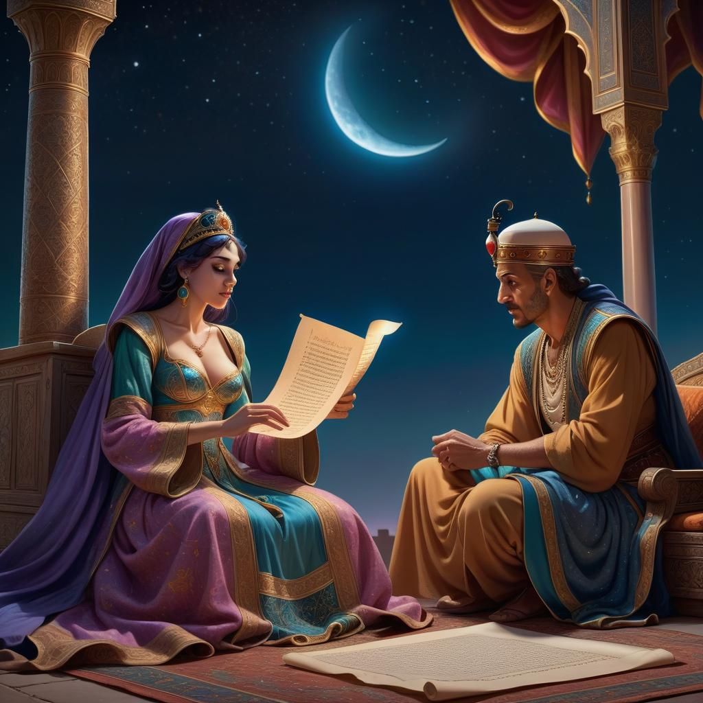 Scheherazade Entertains the Sultan: Hyperrealistic Concept A...
