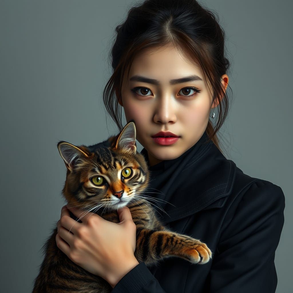 Woman with Cat Portrait in Mixed Artistic Styles