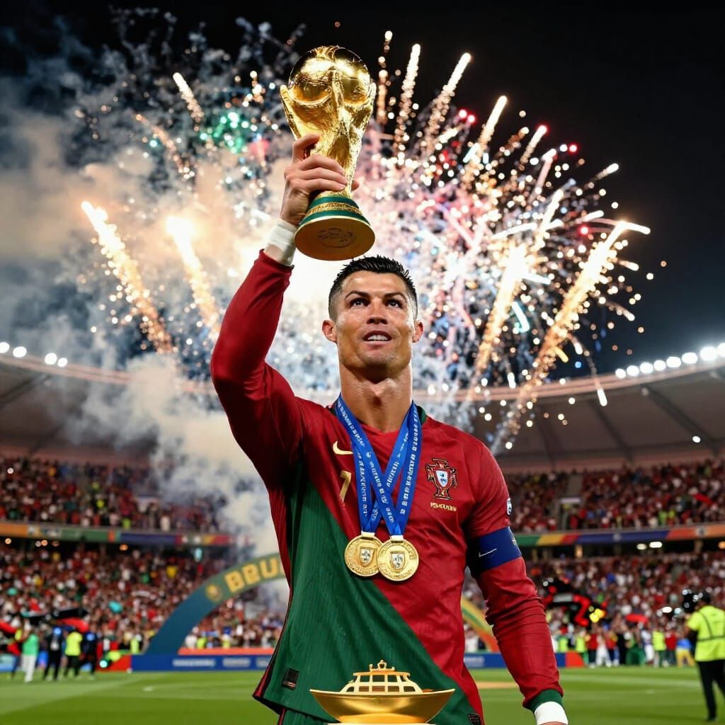 Ronaldo Holds World Cup Trophy Amidst Fireworks in Hyperreal...