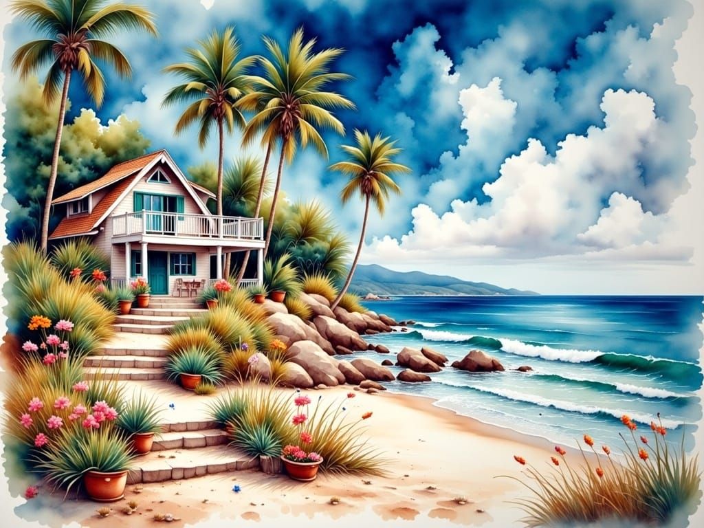 Beach Cottage Watercolor in Tropical Sunlight
