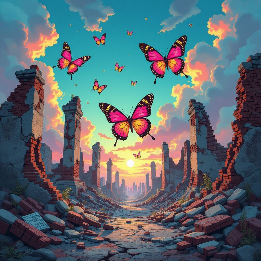 Psychedelic Butterflies Over Bomb Ruins in Candyland Style