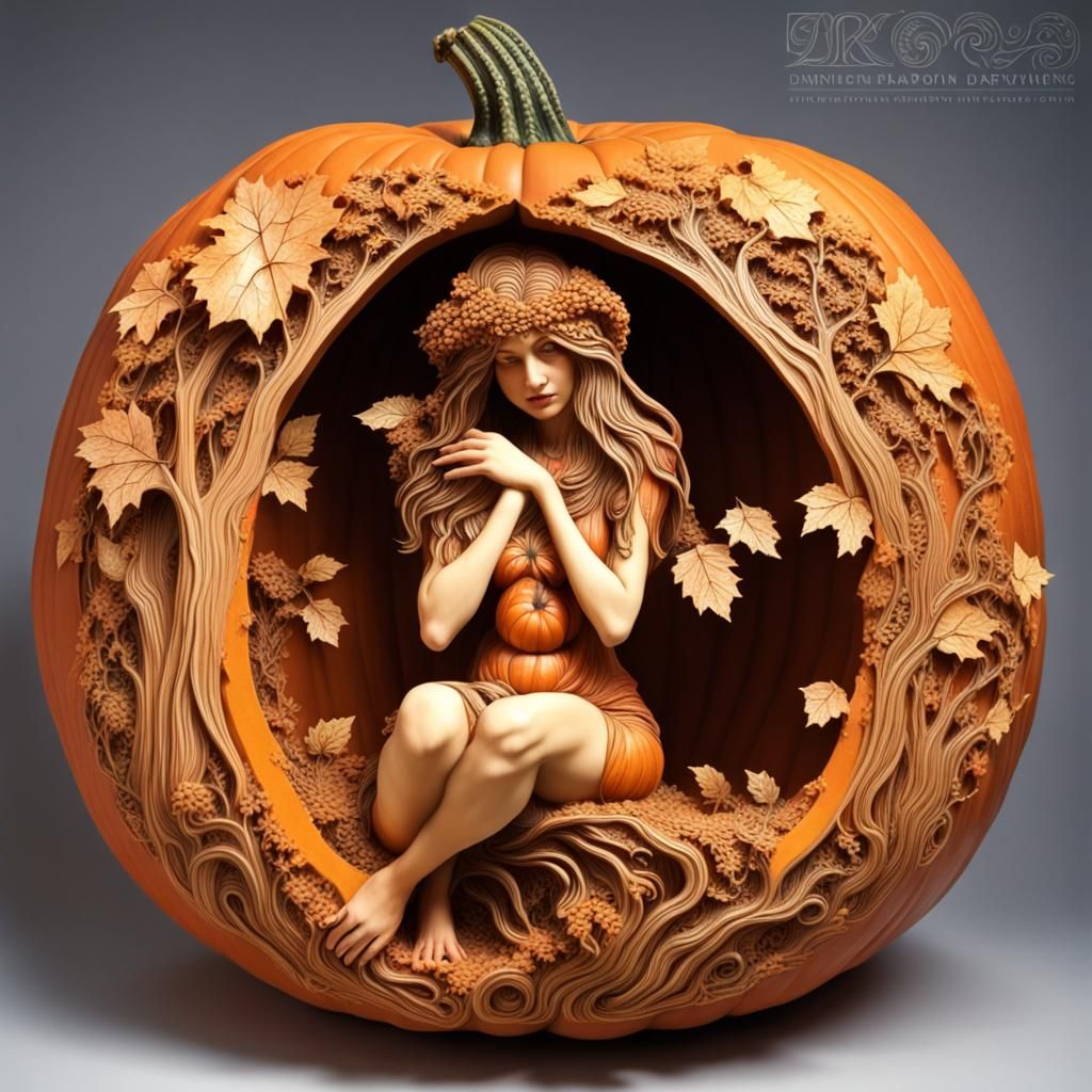 Intricate Pumpkin Carving of a Forest Dryad