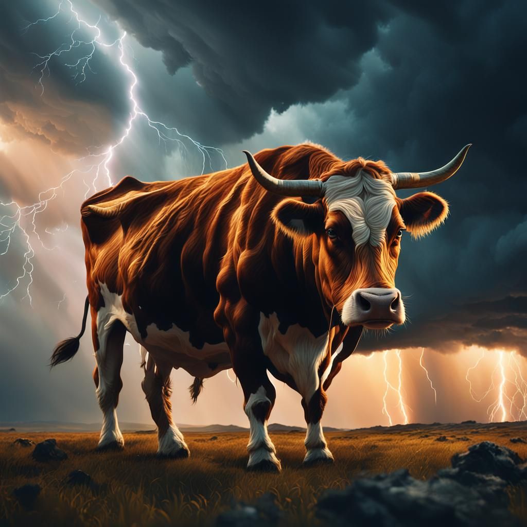 Storm Giant and Giant Cow in Dramatic Landscape