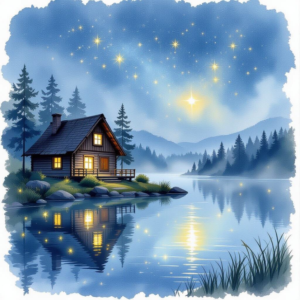 Cozy Cabin by Starlit Lake with Fireflies