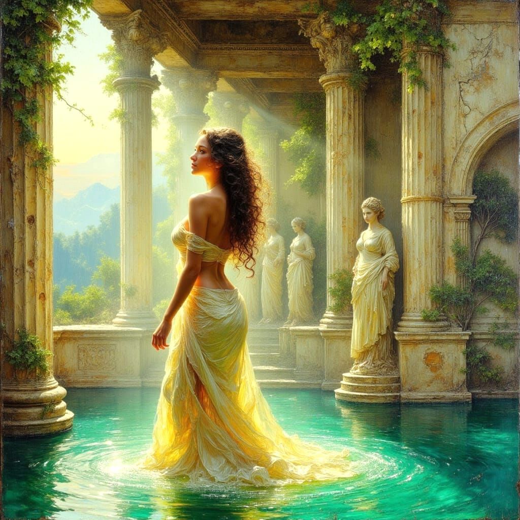 Sensual Italian Woman in Roman Bathhouse, Oil Painting