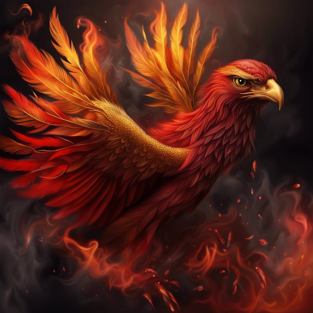 Photorealistic Red and Gold Phoenix with Fiery Eyes