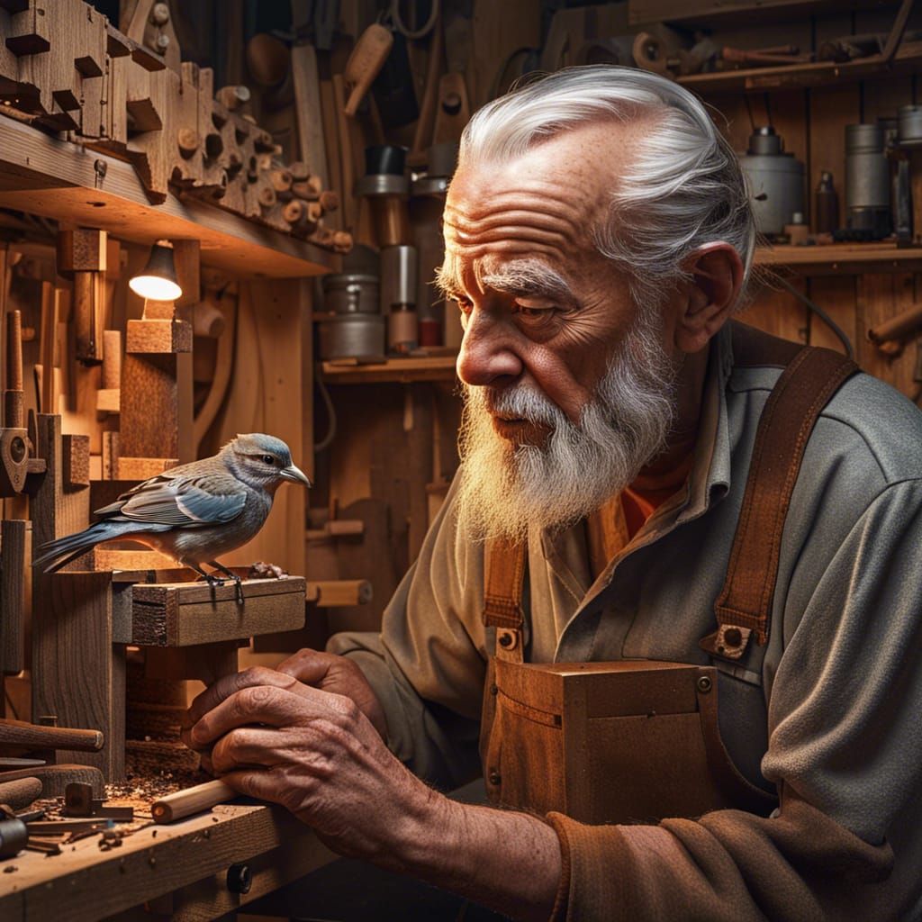 Hyperrealistic Portrait: Old Man Building Birdhouse