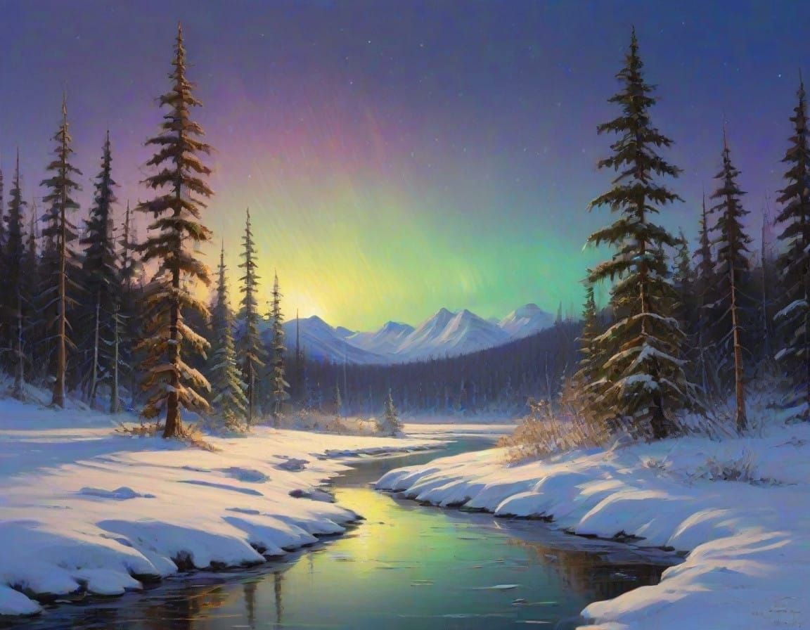 Winter Landscape with Aurora Borealis in Oil Painting