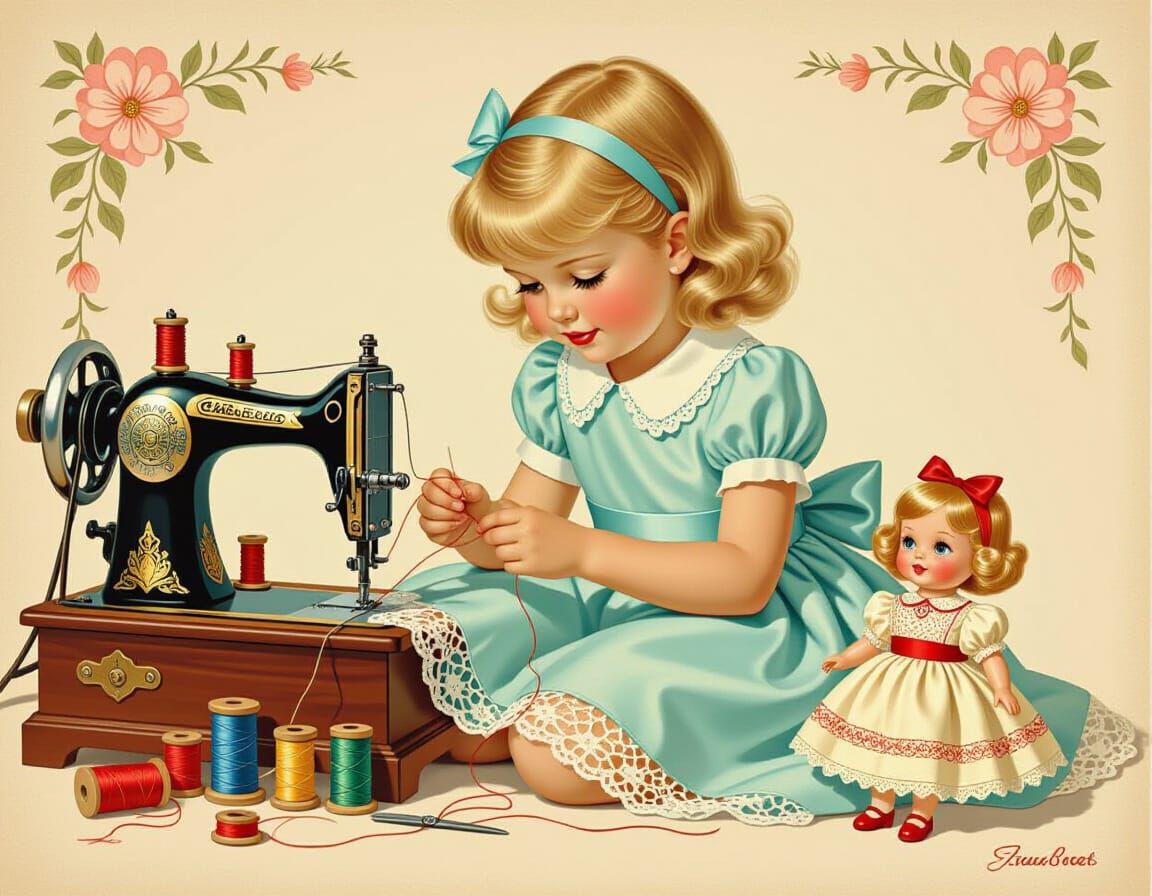 Girl Sewing Lace Hem in Storybook Style