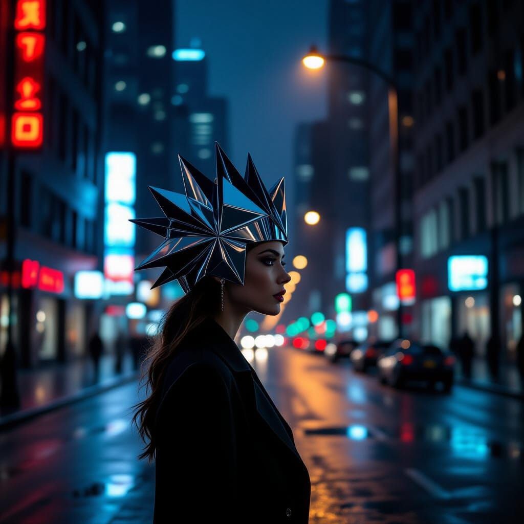 Woman in Chrome Headpiece on Rainy Night Street