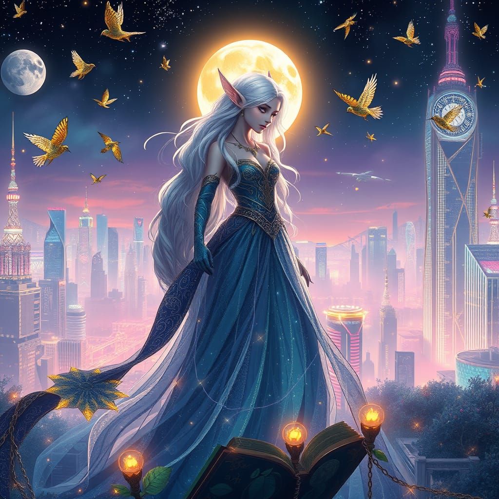 Ethereal Elf Goddess in Celestial Garden with Clockwork Spar...