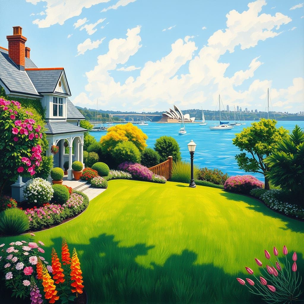 Impressionistic Harbour View with Manicured Garden