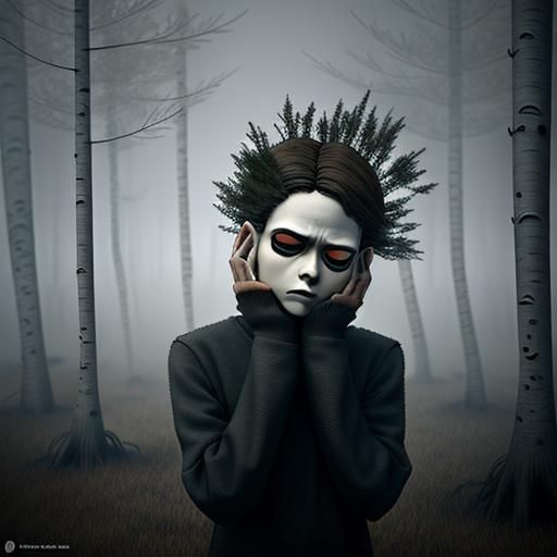 Surreal Sad Figure in Misty Birch Forest