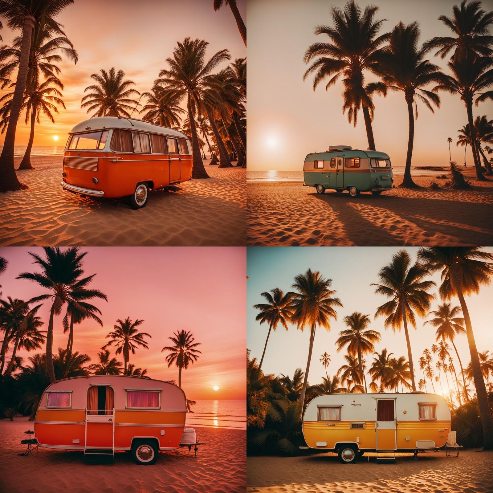 Vintage Caravan on Beach at Sunset