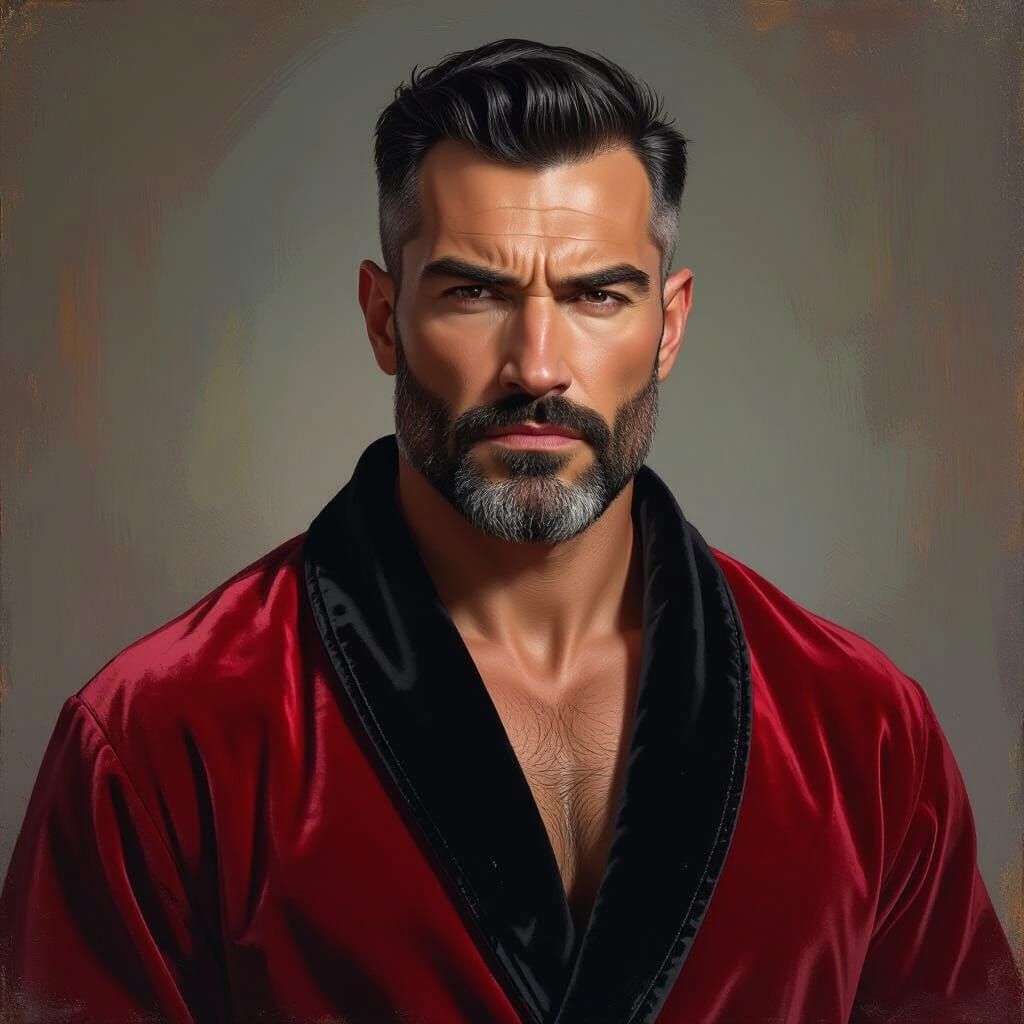 Angry Master Hunk in Red Velvet Robe - Impressionist Oil Pai...
