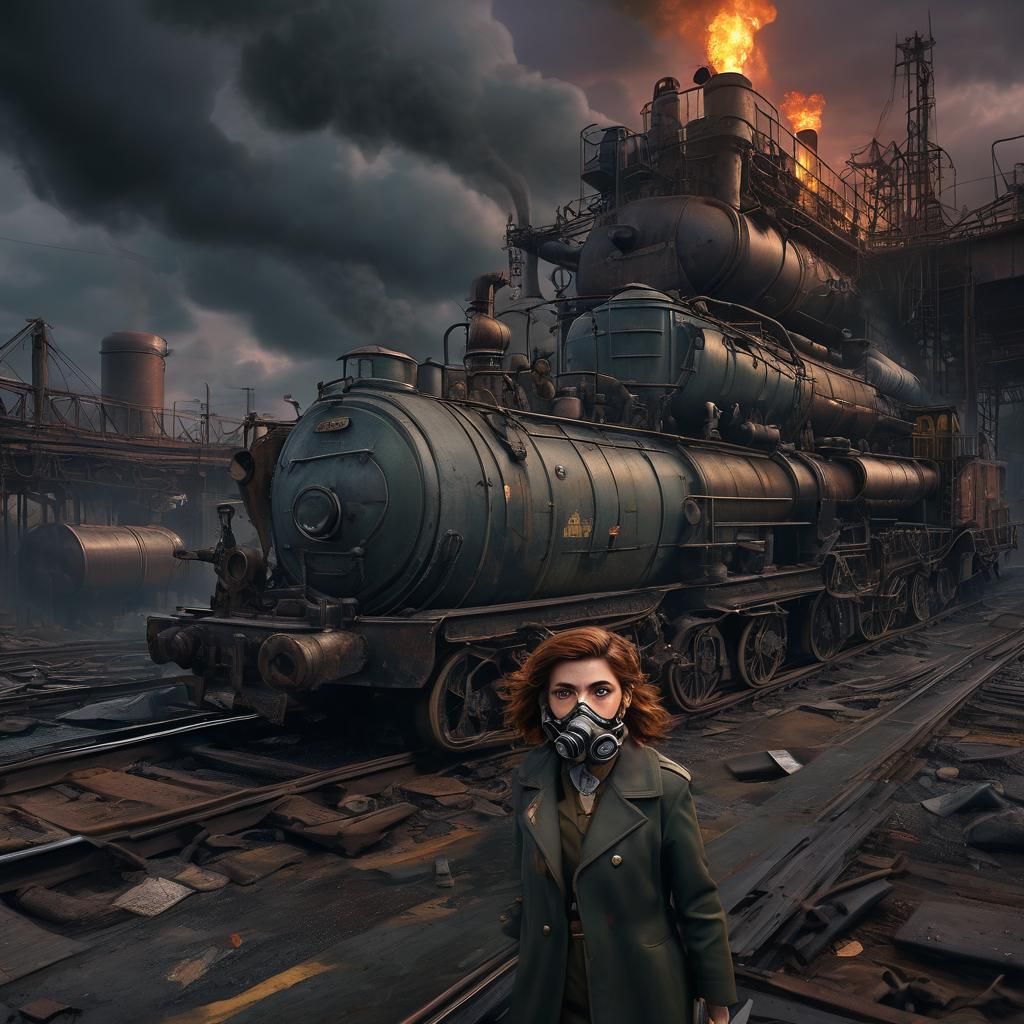 Dieselpunk Girl Officer in a Stormy Sunset