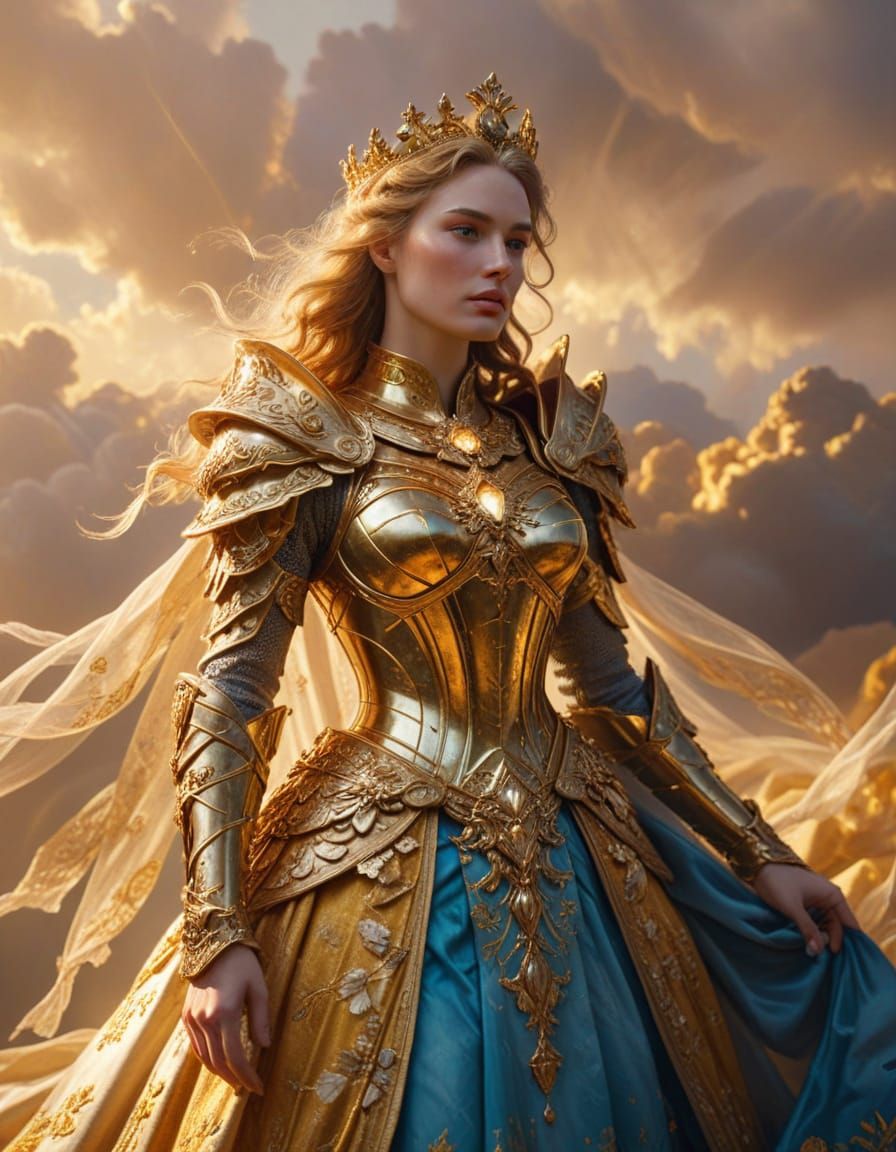 Fantasy Queen in Armor Dress Amidst Divine Sunshine Beams