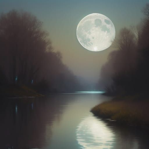 Moonlit Riverbank in Dreamlike Impressionistic Style